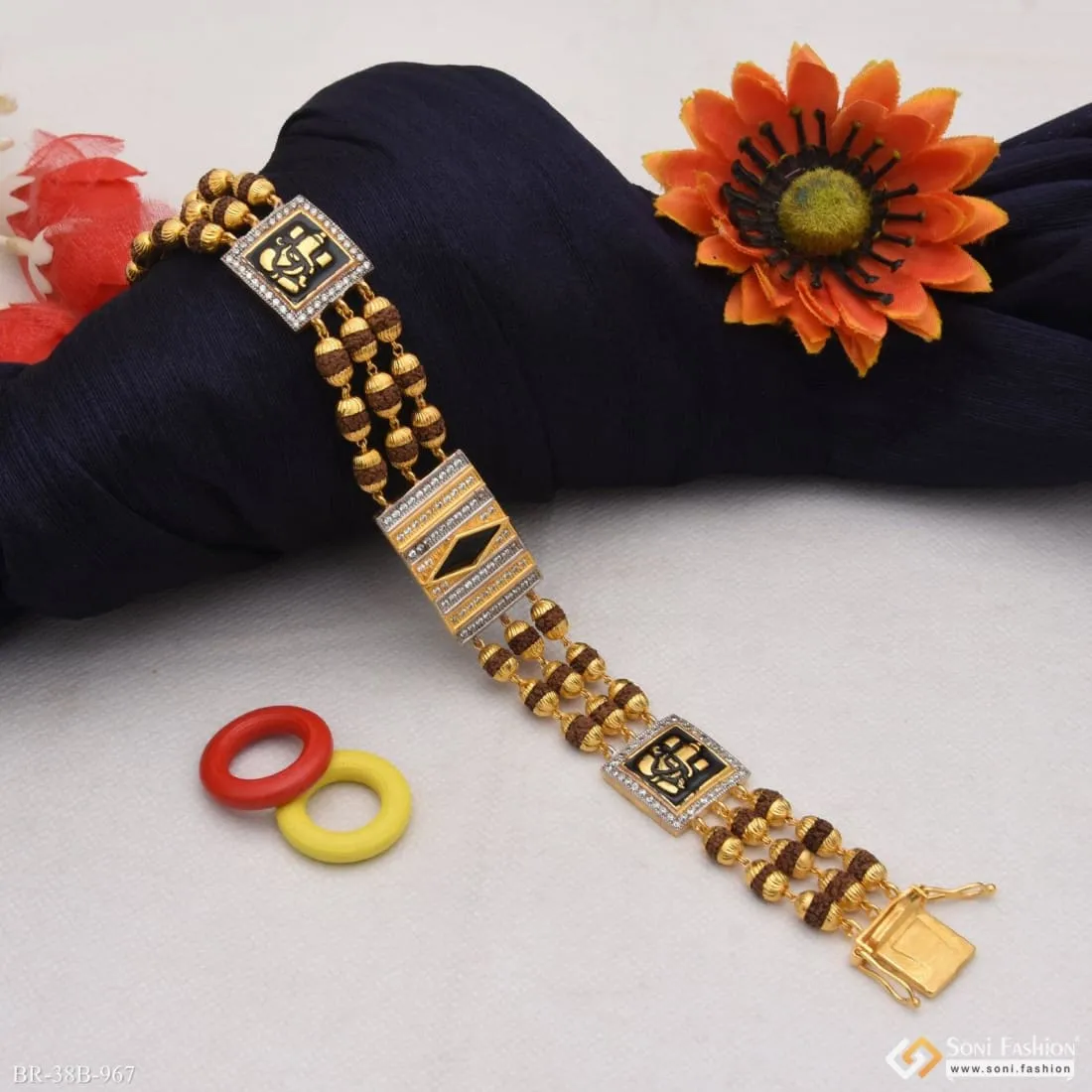 1 Gram Gold Plated Ganpati Finely Detailed Design Rudraksha Bracelet - Style B967