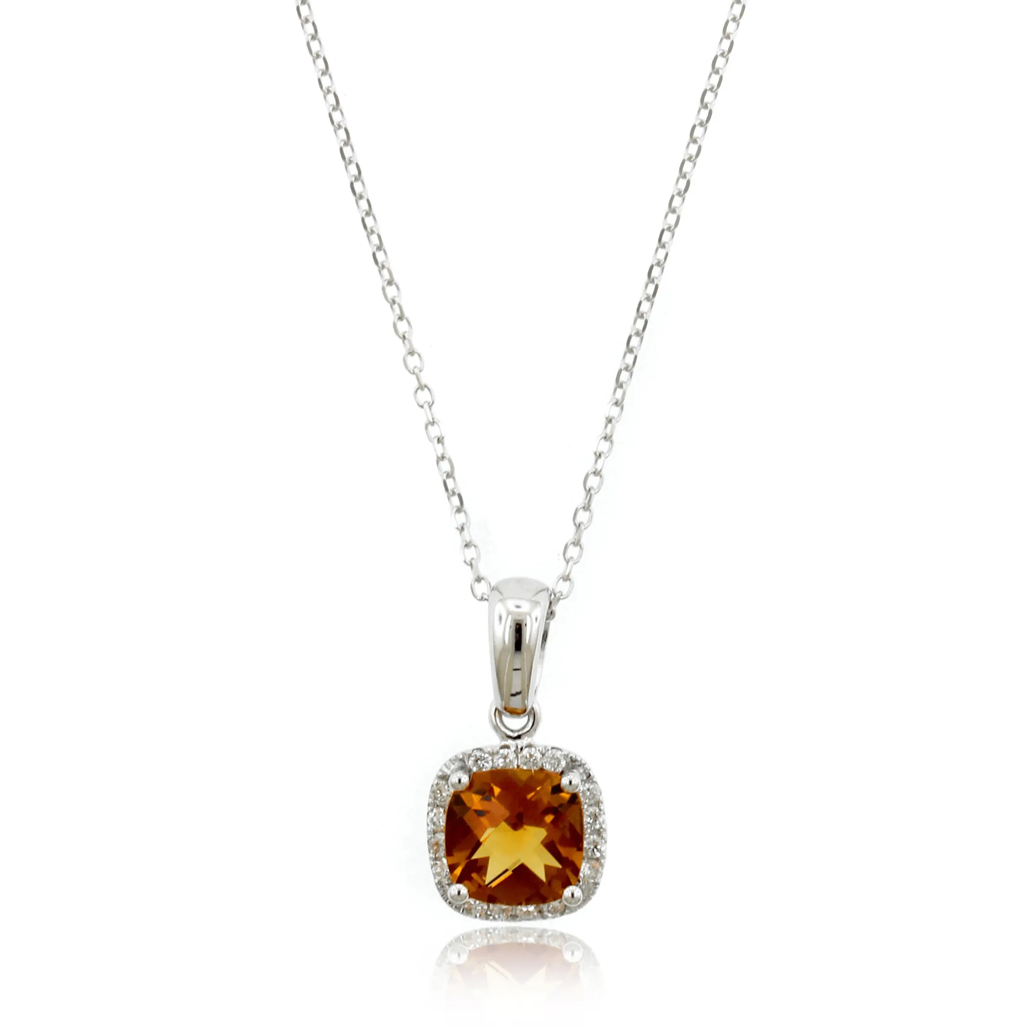 14K White Gold Cushion Citrine Diamond Halo Necklace
