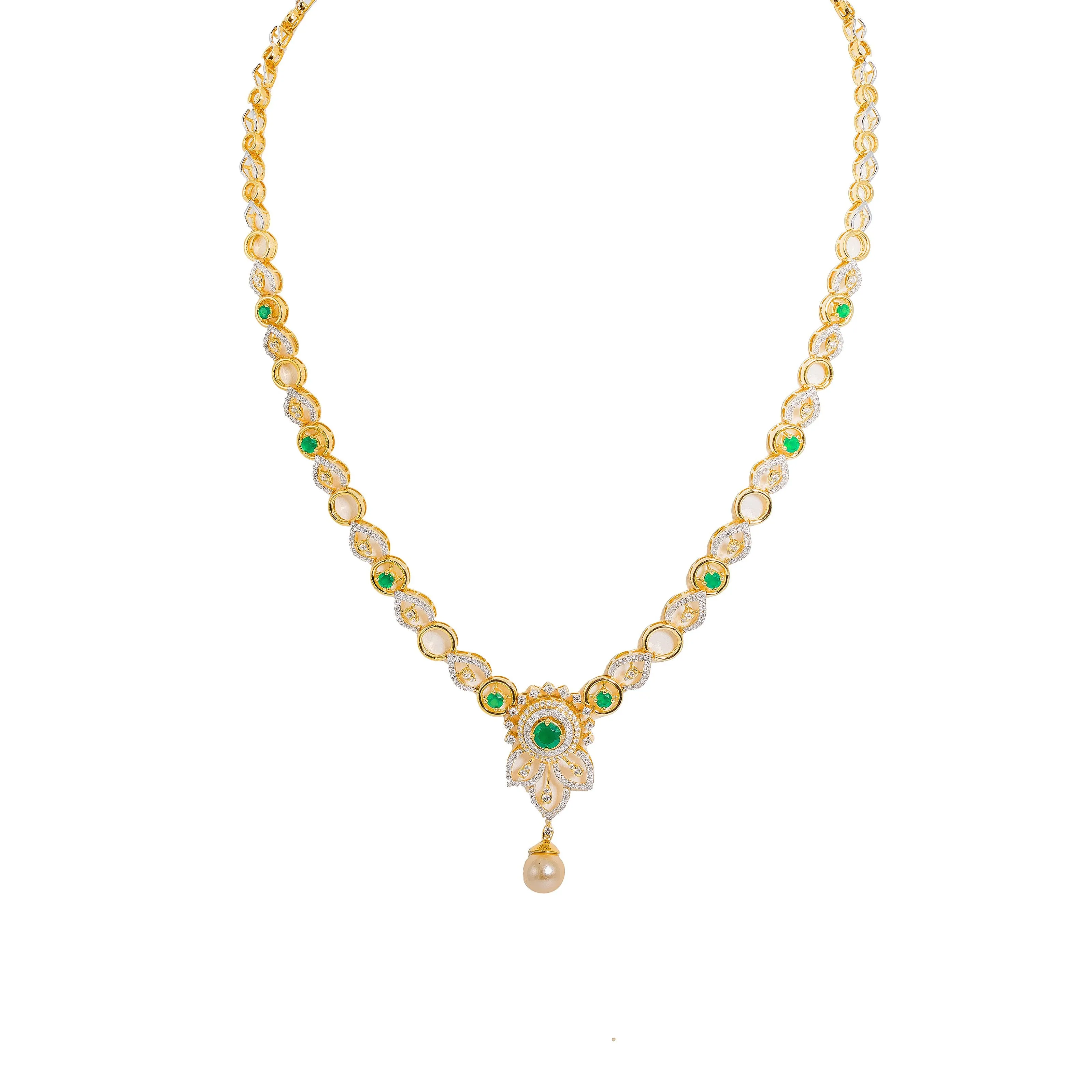 18K  Multi Tone Gold Diamond Necklace and Earrings Set W/ VVS Diamonds, Emeralds, Drop Pearls & Hibiscus Pendants
