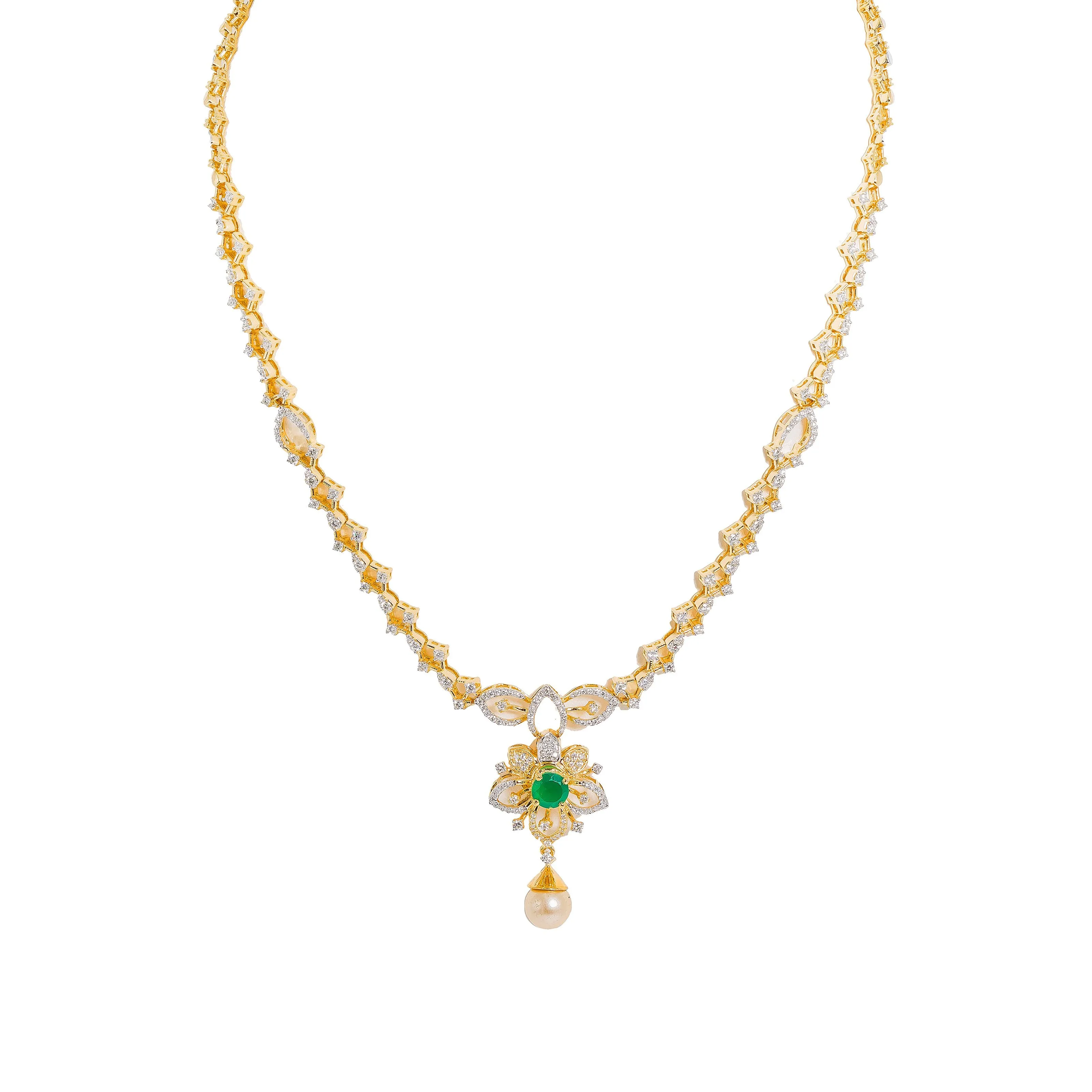 18K  Yellow Gold Diamond Necklace & Earrings Set W/ VVS Diamonds, Emeralds, Pearls & Lotus Flower Pendant