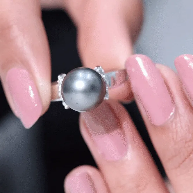 8 CT Real Tahitian Pearl Solitaire Ring with Diamond