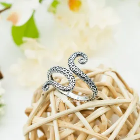 925 Sterling Silver Octopus Tentacles Ring. 25mm Wide Wraparound, Adjustable For Middle, Midi, Index, Thumb Rings. Sea Life Octopus Jewelry Gift.