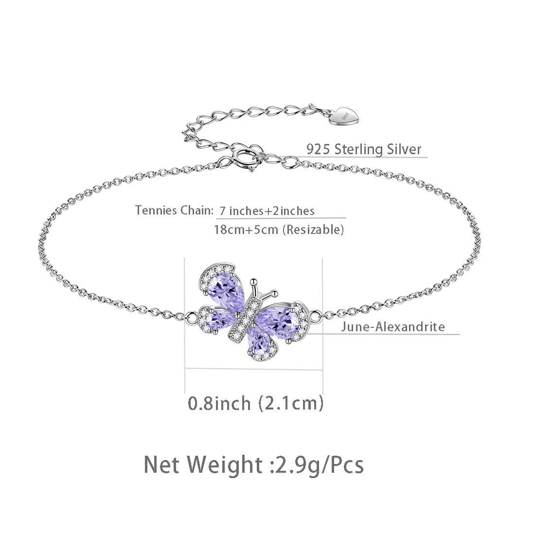 Butterfly Bracelet Birthstone June Alexandrite Crystal Women Girls Jewelry Birthday Gift