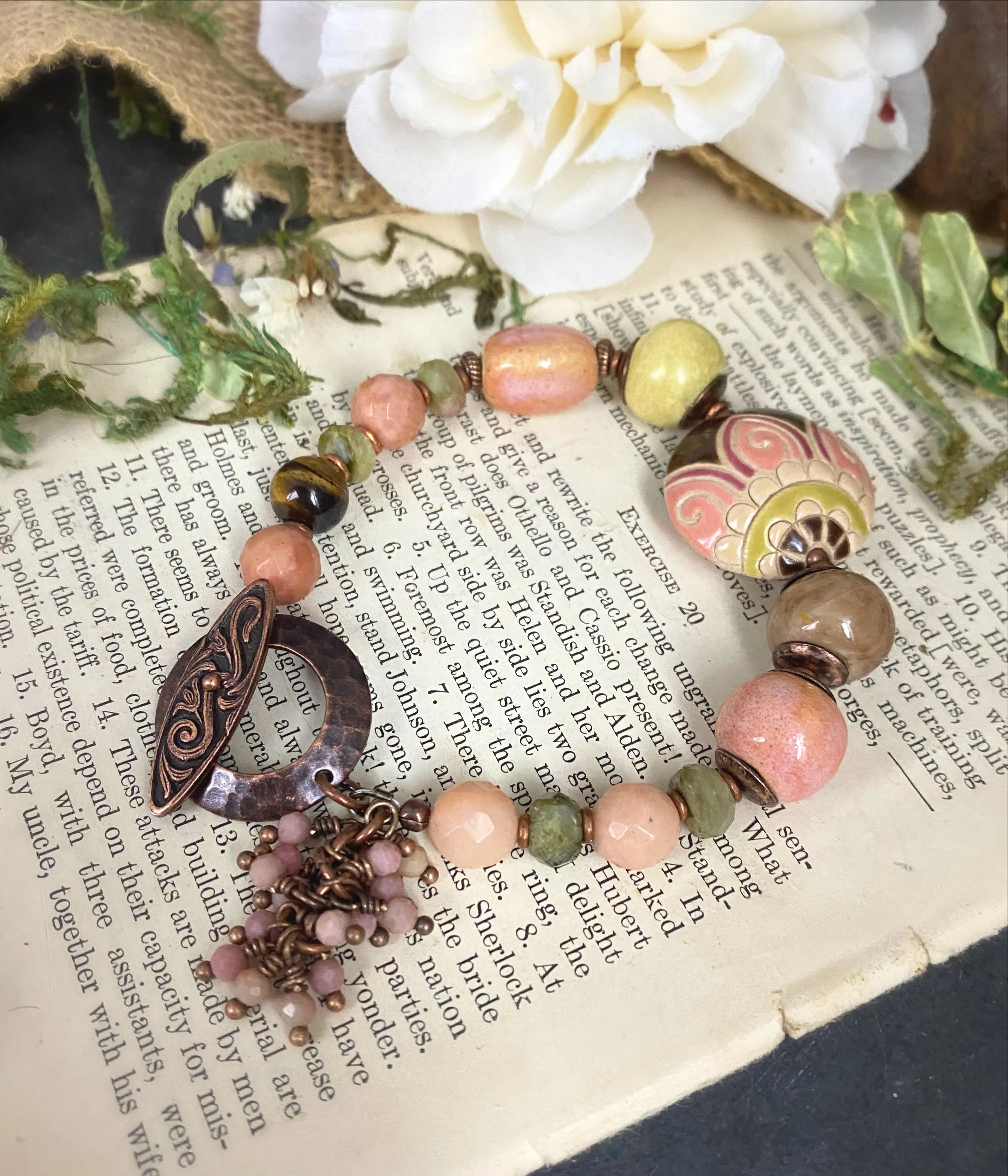Ceramic beads, pink opal stone, green tourmaline, copper metal bracelet