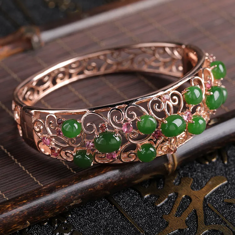 Natural Jade Bracelet Nephrite Silver Tourmaline Bracelet ZNB165