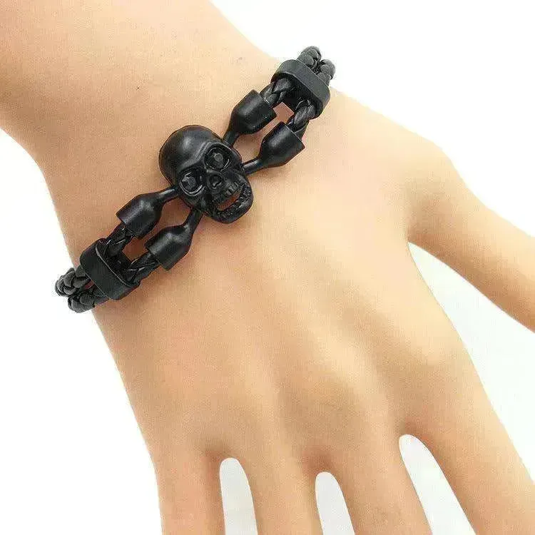 Neutral Stylish Men's Skull Black Buttons & Leather Bracelet
