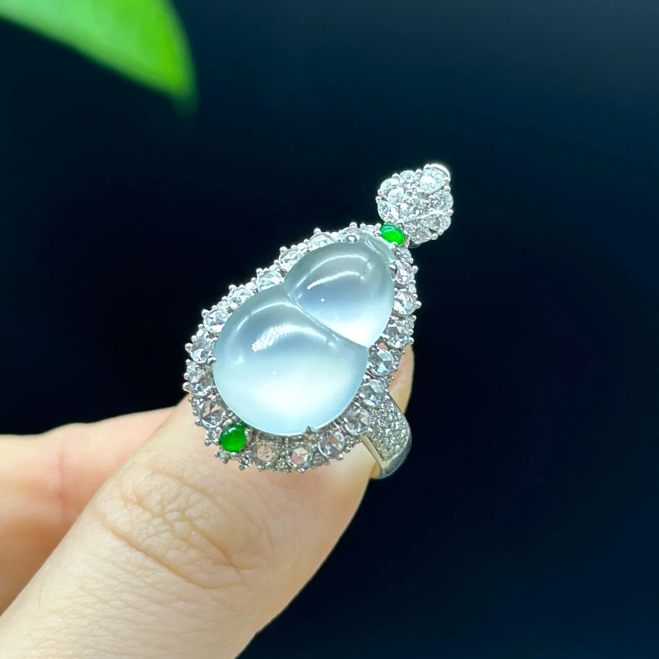 RealJade® "Amelie" 18k White Gold Natural Ice Jadeite Hulu Ring With Diamonds