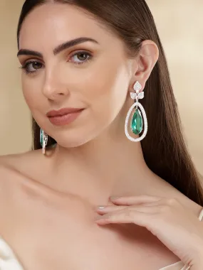 Rubans Rhodium Plated Premium Emerald Zircons Studded Dangle Earring