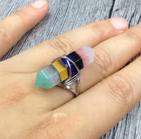 Unique 7 Layered Natural Chakra Stone Point Wire Wrap Ring