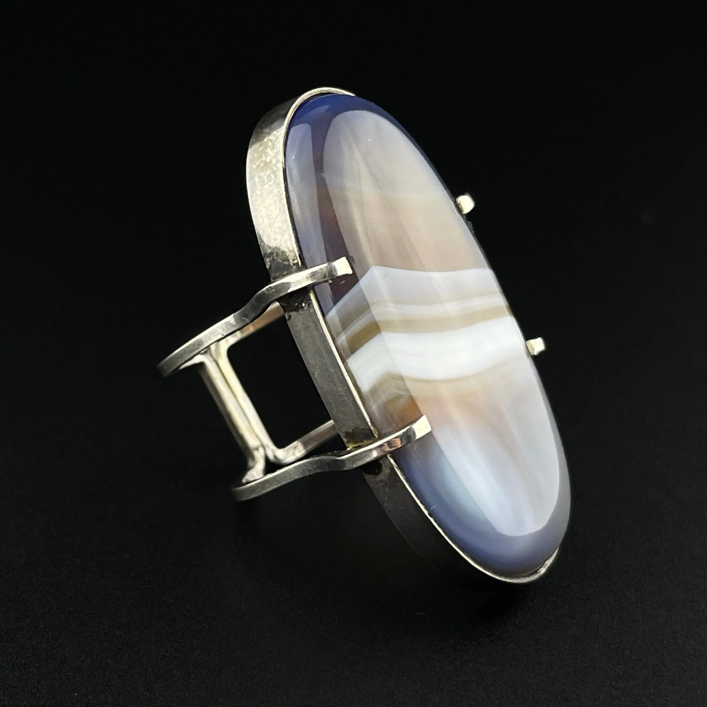 Vintage Silver Banded Picture Agate Statement Ring, Sz 7 1/2