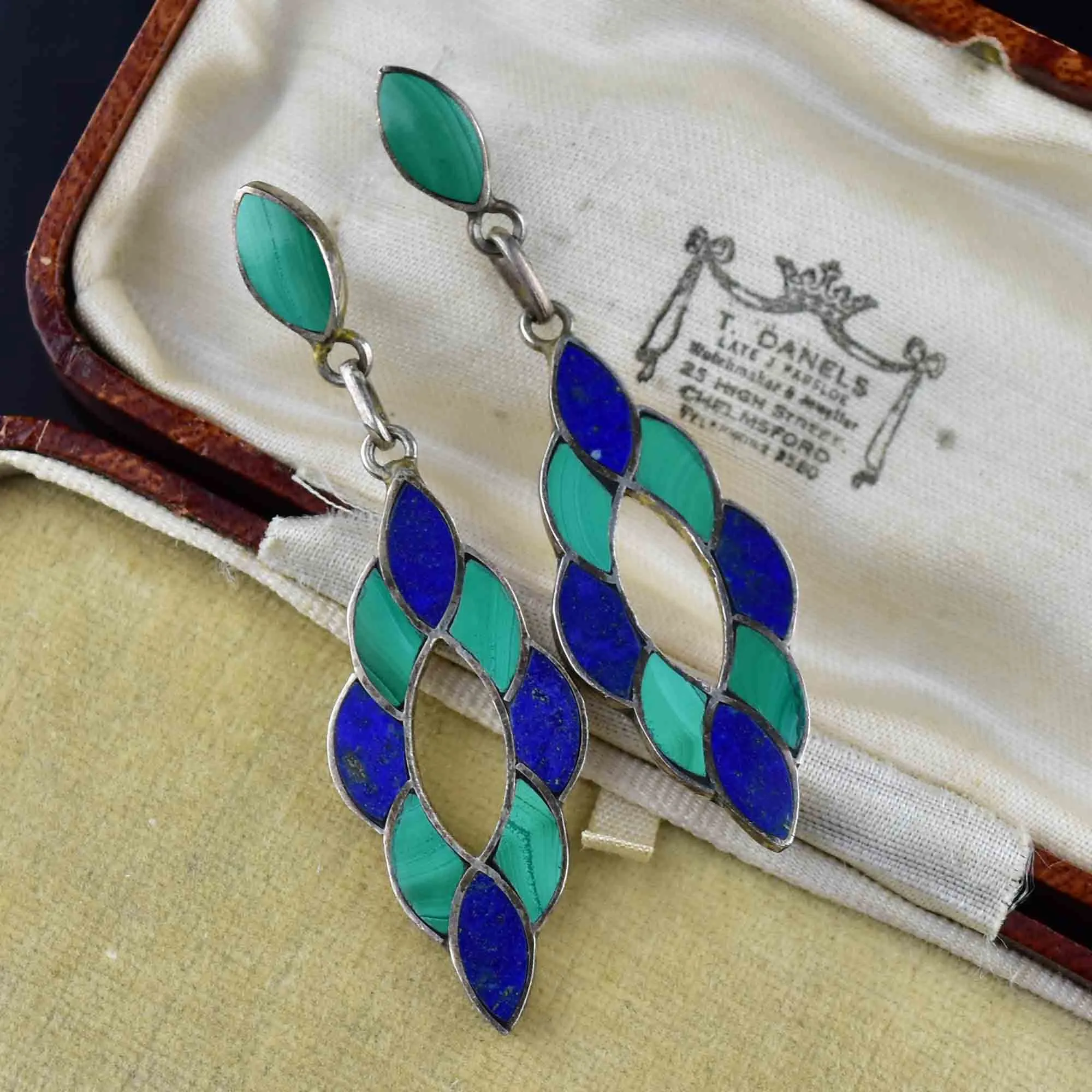 Vintage Silver Lapis Lazuli Malachite Chandelier Earrings